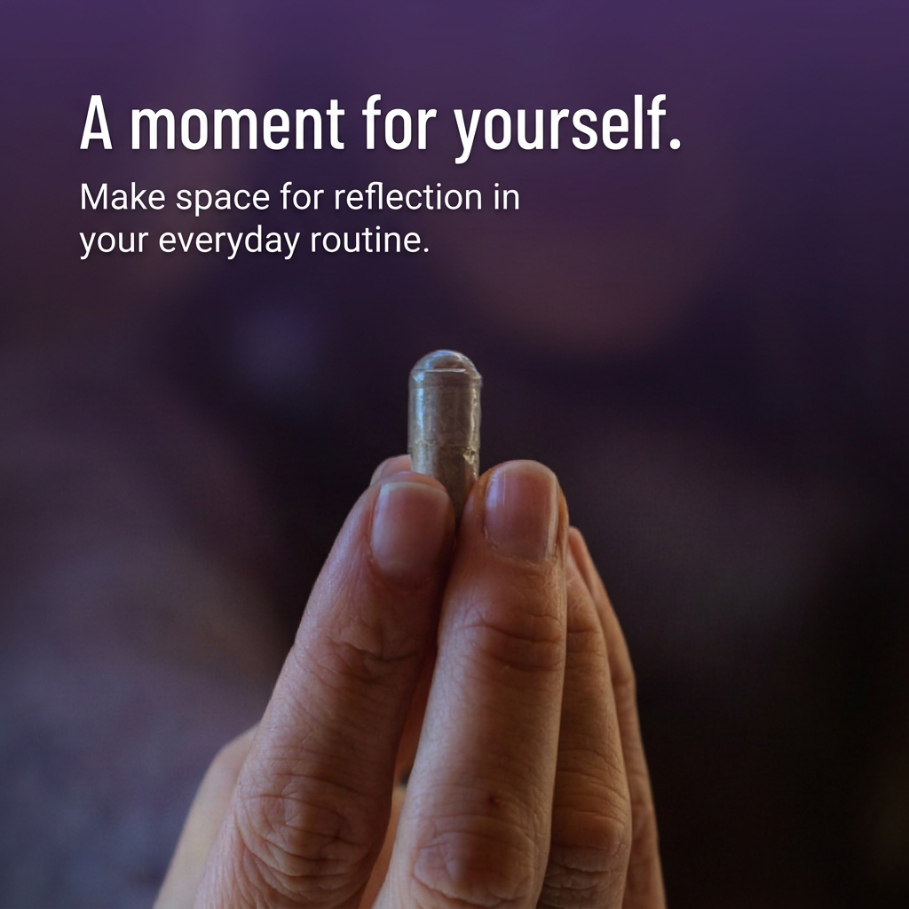 Hand holding a capsule with reflection-focused copy: A moment for yourself.