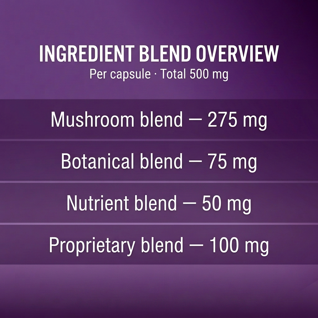 Ingredient blend overview per 500 mg capsule: mushrooms 275 mg, botanicals 75 mg, nutrients 50 mg, proprietary blend 100 mg.