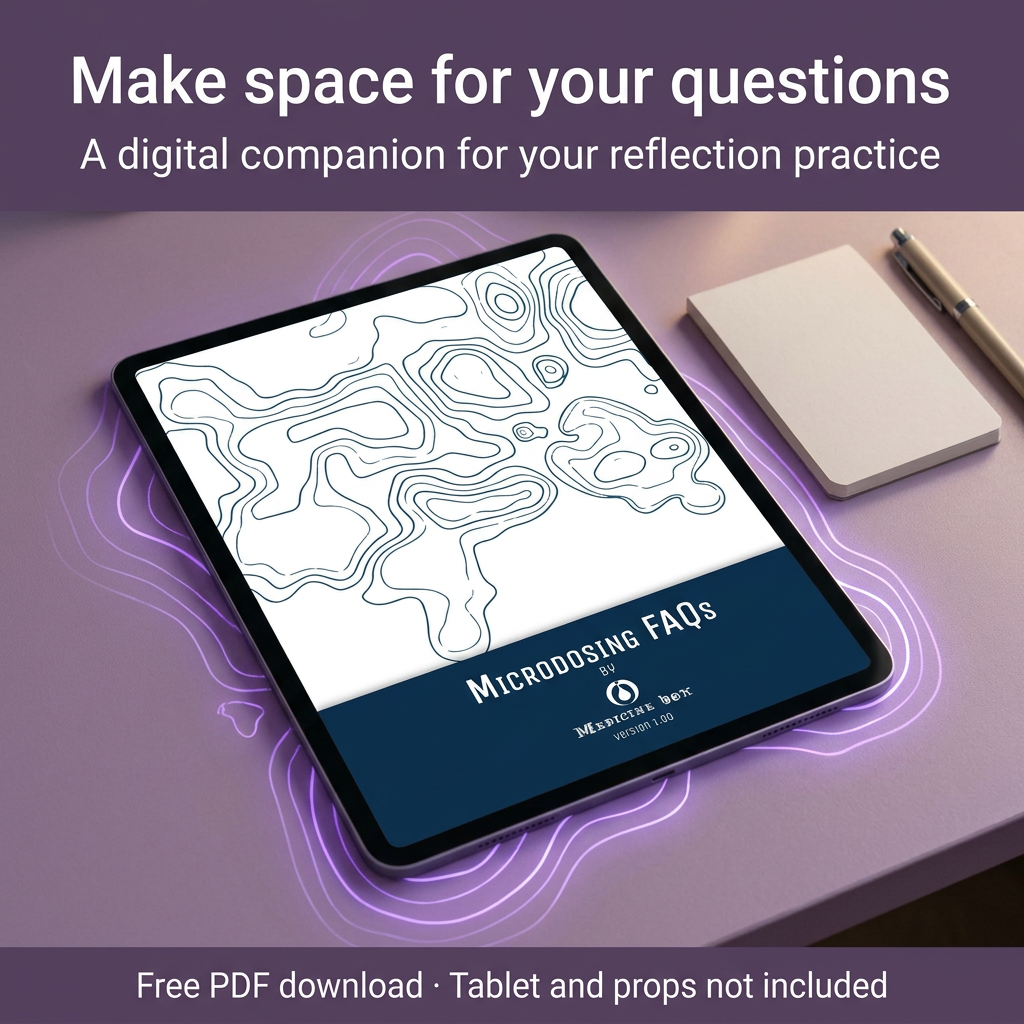 Microdosing FAQs PDF on a tablet beside a blank notepad and pen; tablet and props not included.
