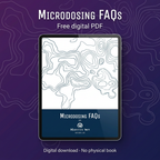 Microdosing FAQs free digital PDF displayed on a tablet against a purple contour-pattern background.