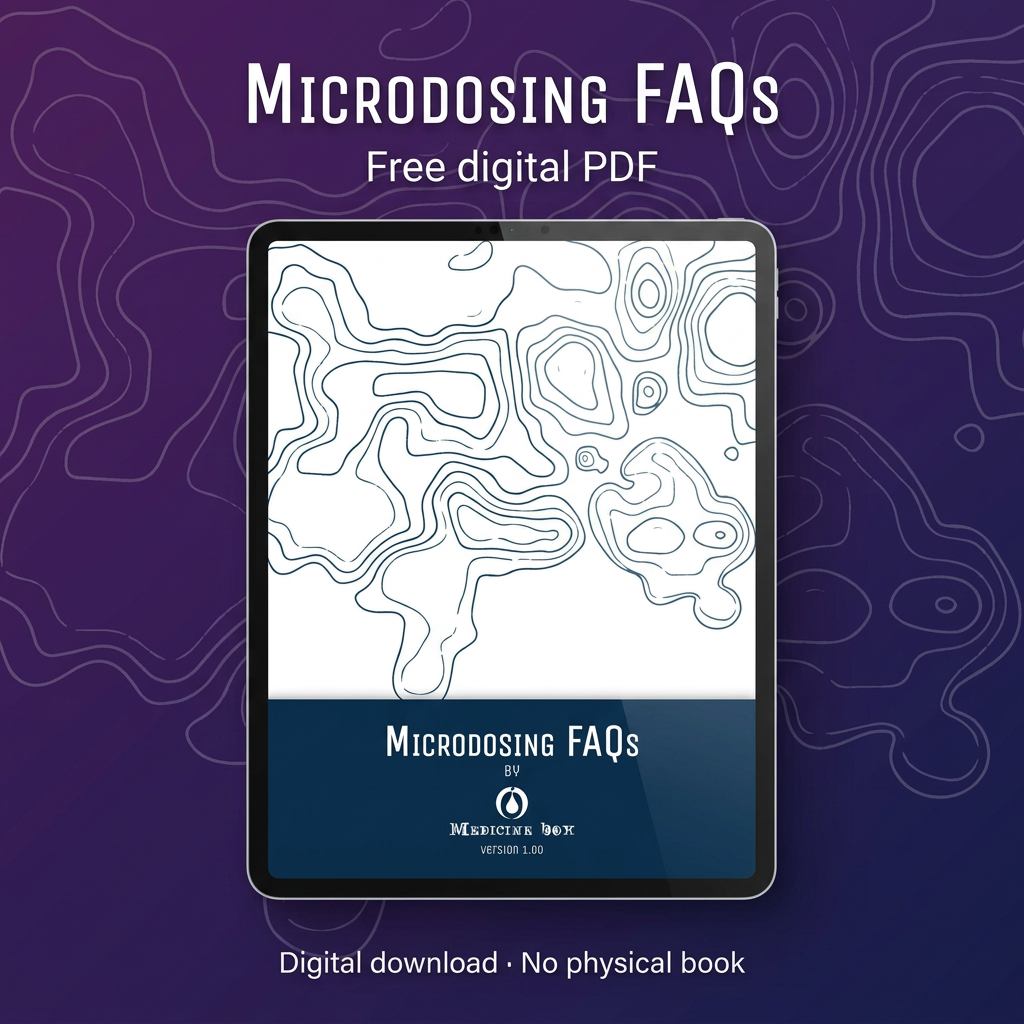 Microdosing FAQs free digital PDF displayed on a tablet against a purple contour-pattern background.