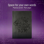 Complete black Mind’s Eye Journal cover on a purple background, with all edges visible. Space for your own words.