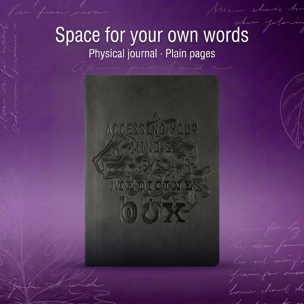 Complete black Mind’s Eye Journal cover on a purple background, with all edges visible. Space for your own words.