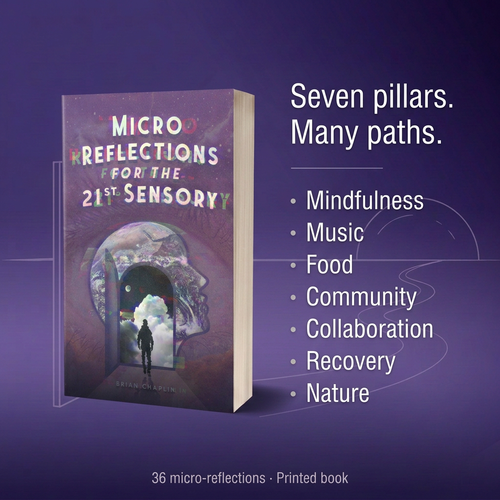 Seven pillars of Micro Reflections: Mindfulness, Music, Food, Community, Collaboration, Recovery, and Nature.